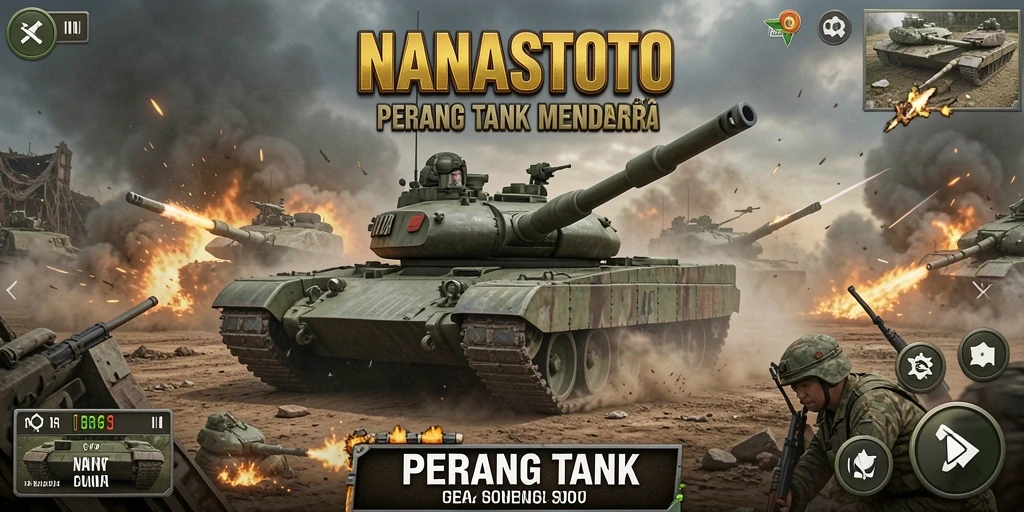 Tampilan antarmuka NANASTOTO menampilkan aksi pertempuran tank yang dinamis.